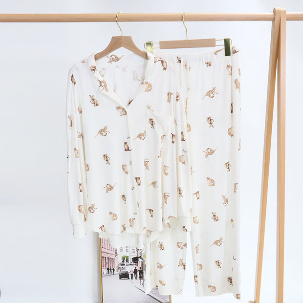 Japanese Modal Cute Cat Print Loose PJ Girl