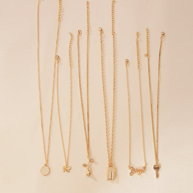 fashion jewelry Multi-layer Creative Simple Lock Rose Pendant Necklace Suit