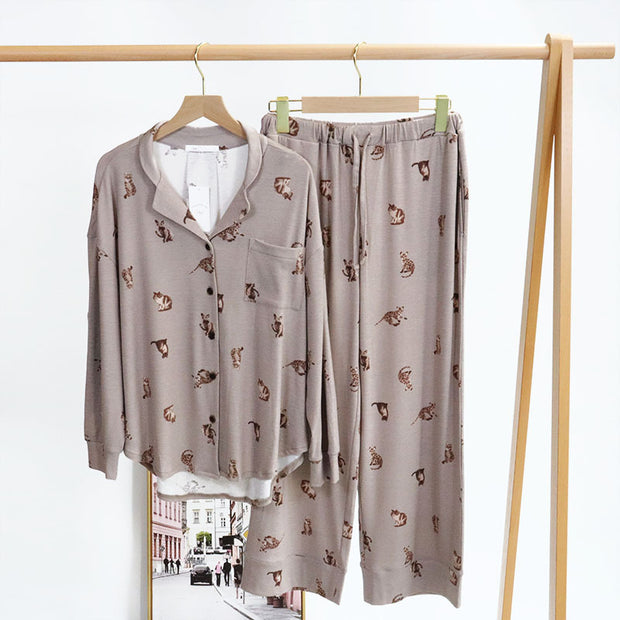 Japanese Modal Cute Cat Print Loose PJ Girl