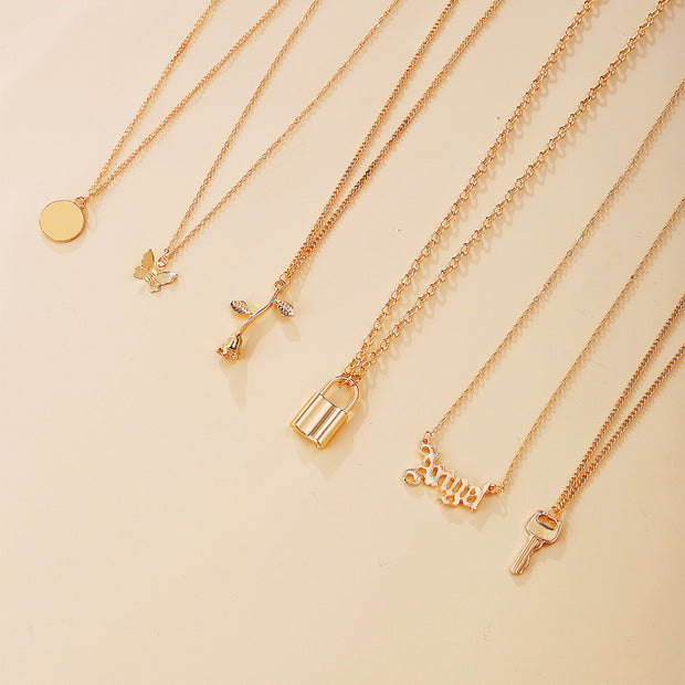 fashion jewelry Multi-layer Creative Simple Lock Rose Pendant Necklace Suit